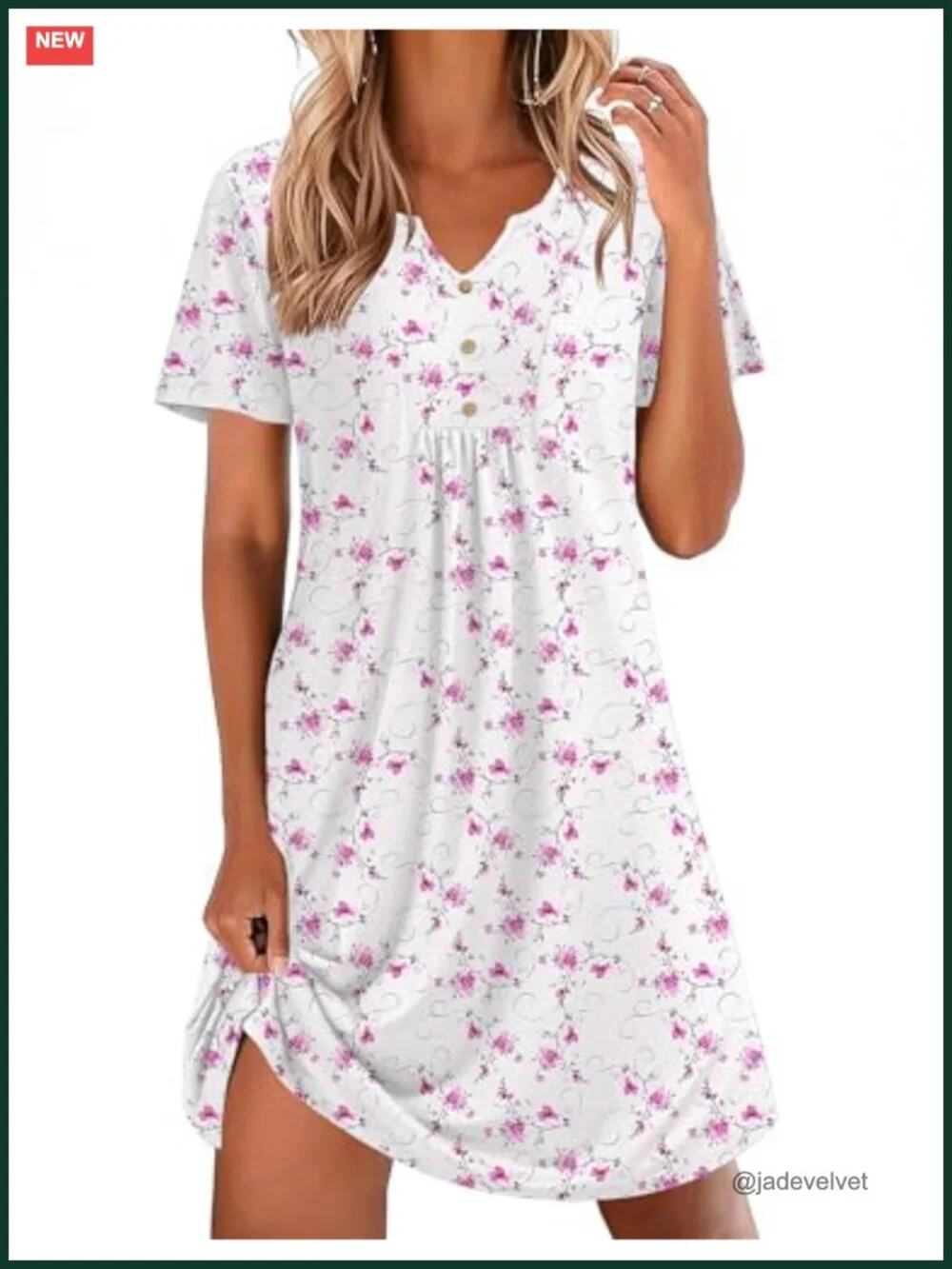 Women's Cotton Nightgown Pleated Henley V-Neck Sleepshirt Short Sleeve